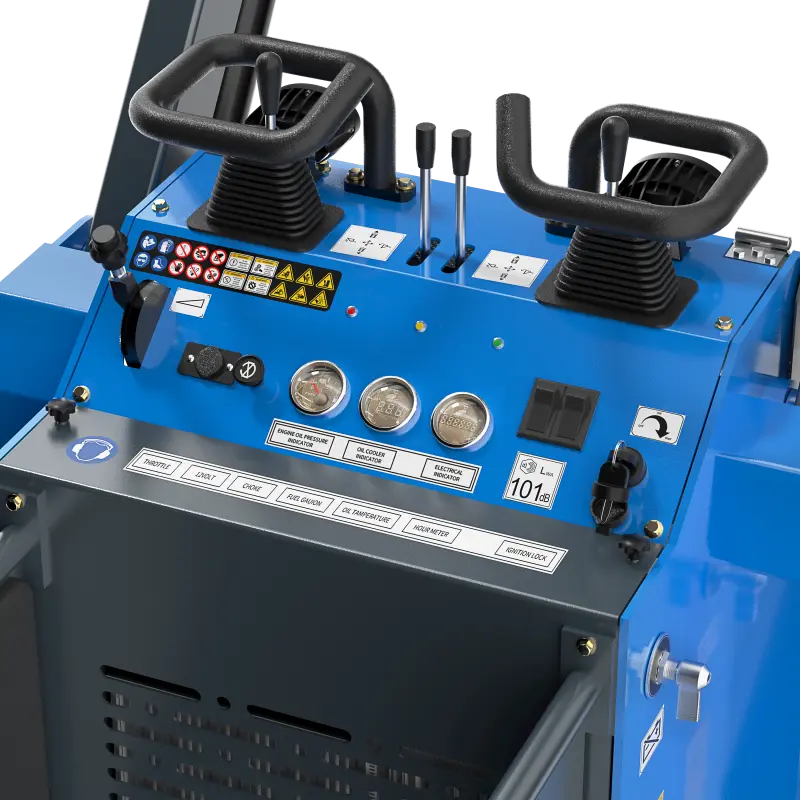 JoyT5 Rippa RS04 skid steer operator control panel with dual hand levers gauges and switches designed for compact skid steer operation in Canada and USA