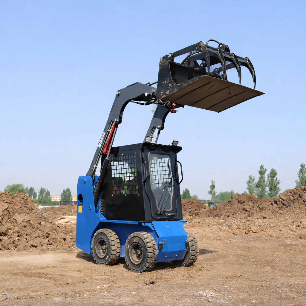 JoyT5 Rippa RS07 skid steer loader using a grapple bucket for material handling and landscaping work on a construction site in Canada