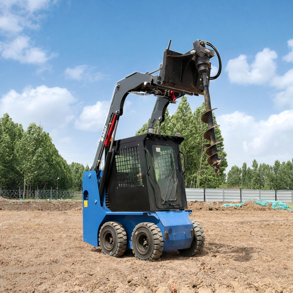 JoyT5 Rippa RS07 skid steer loader equipped with hydraulic auger for construction site drilling and material handling work in Canada