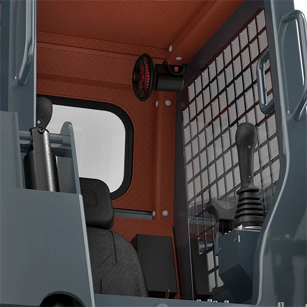 JoyT5 Rippa RS07 skid steer loader operator cab interior with joystick controls safety mesh door and comfortable seat for construction and material handling work in Canada