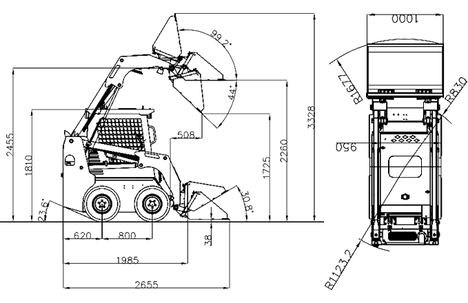 JoyT5 Rippa RS07 skid steer loader technical dimensions drawing showing side front and top views for construction landscaping and material handling use in Canada