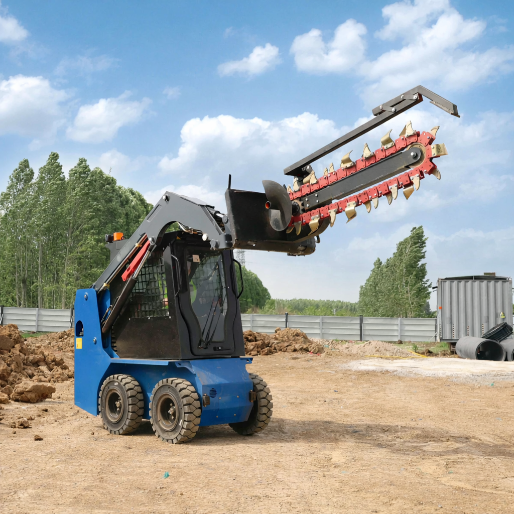 JoyT5 Rippa RS07 skid steer loader operating with trencher attachment for construction utility trenching and ground cutting work in Canada