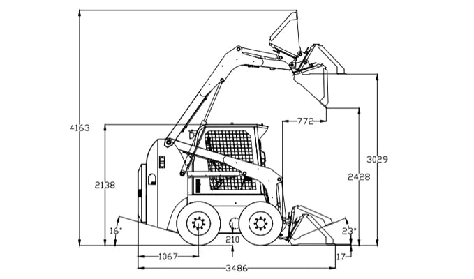JoyT5 Rippa RS10 skid steer loader dimension diagram showing lift height reach length and working measurements for construction and material handling projects in Canada