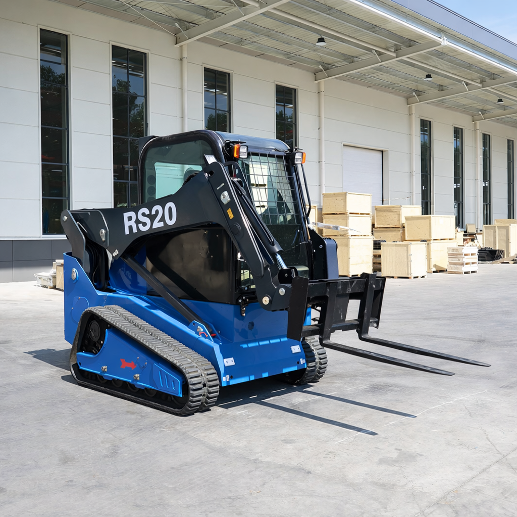 JoyT5 Rippa RS20 high capacity skid steer loader equipped with pallet fork attachment for material handling and logistics operations in Canada