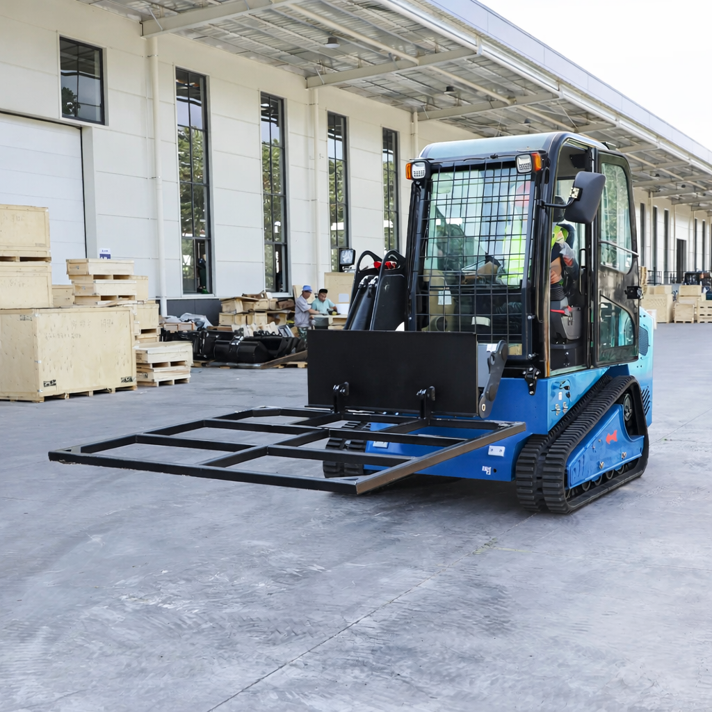 JoyT5 Rippa RS20 high capacity skid steer loader with warehouse material handling platform attachment used for industrial logistics operations in Canada