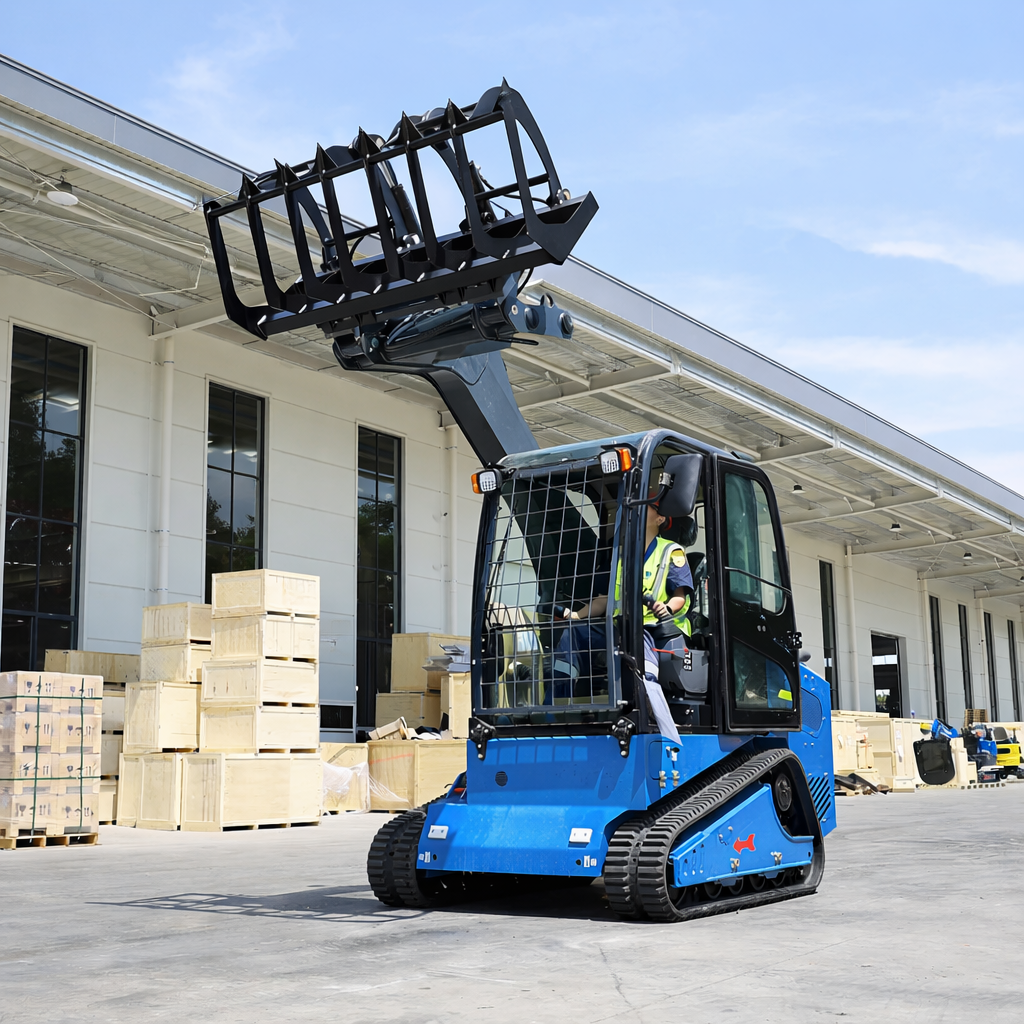 JoyT5 Rippa RS20 skid steer loader handling heavy materials at an industrial warehouse in Canada with tracked design for construction and material handling work