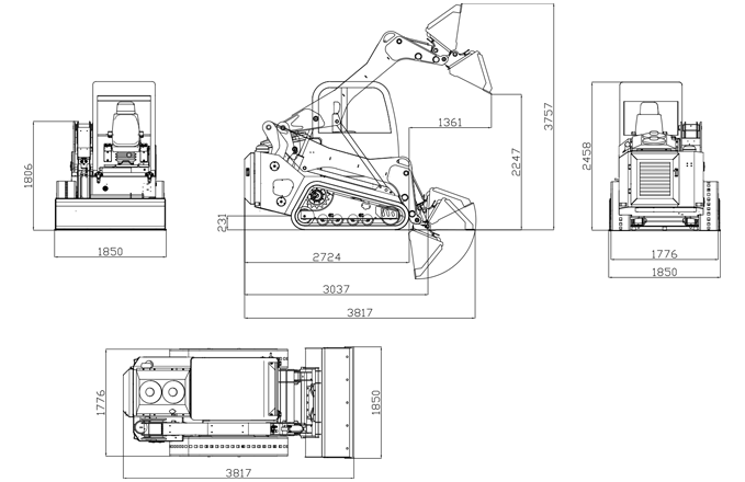 JoyT5 Rippa RS20 skid steer loader technical dimensions diagram showing lift height length and wheelbase for high capacity construction use in Canada