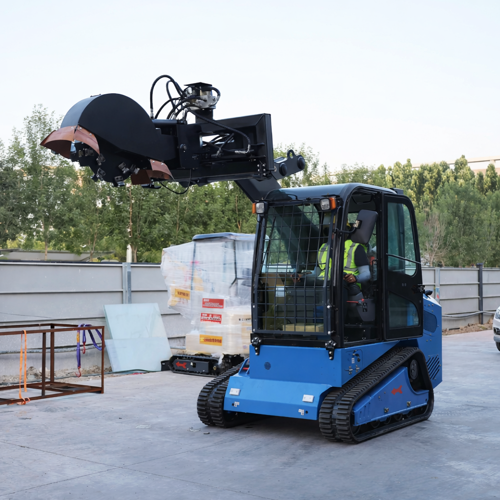 JoyT5 Rippa RS20 skid steer loader working on construction site with attachment high lifting compact skid steer loader for sale Canada Kubota powered skid steer loader for construction equipment Canada and skid steer loader USA