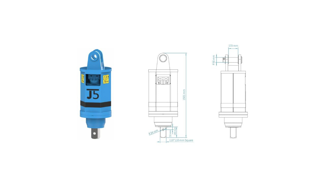 JT5-7000 Y Series Anchor Drive technical drawing showing dimensions and design for compact helical pile drive used with small excavators in foundation and renewable energy projects