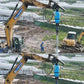 Excavator with JT5 ATS Torque Indicator wireless torque measurement sensor used for helical pile installation and drilling – real-time torque monitoring equipment for construction and foundation projects.

