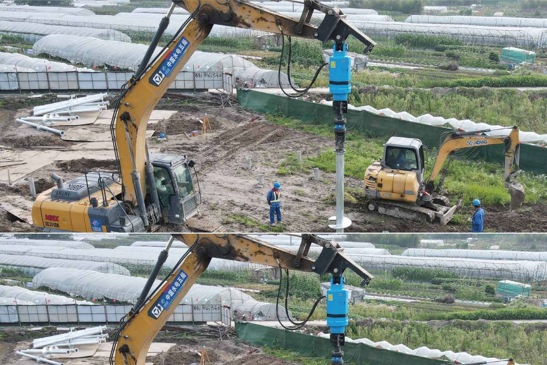 Excavator with JT5 ATS Torque Indicator wireless torque measurement sensor used for helical pile installation and drilling – real-time torque monitoring equipment for construction and foundation projects.

