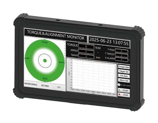 JT5 ATS wireless torque and alignment monitor EM‑10W — in‑cab construction display for excavators showing real‑time torque, angle, and speed data; rugged IP67 heavy machinery screen for pile installation and drilling control.

