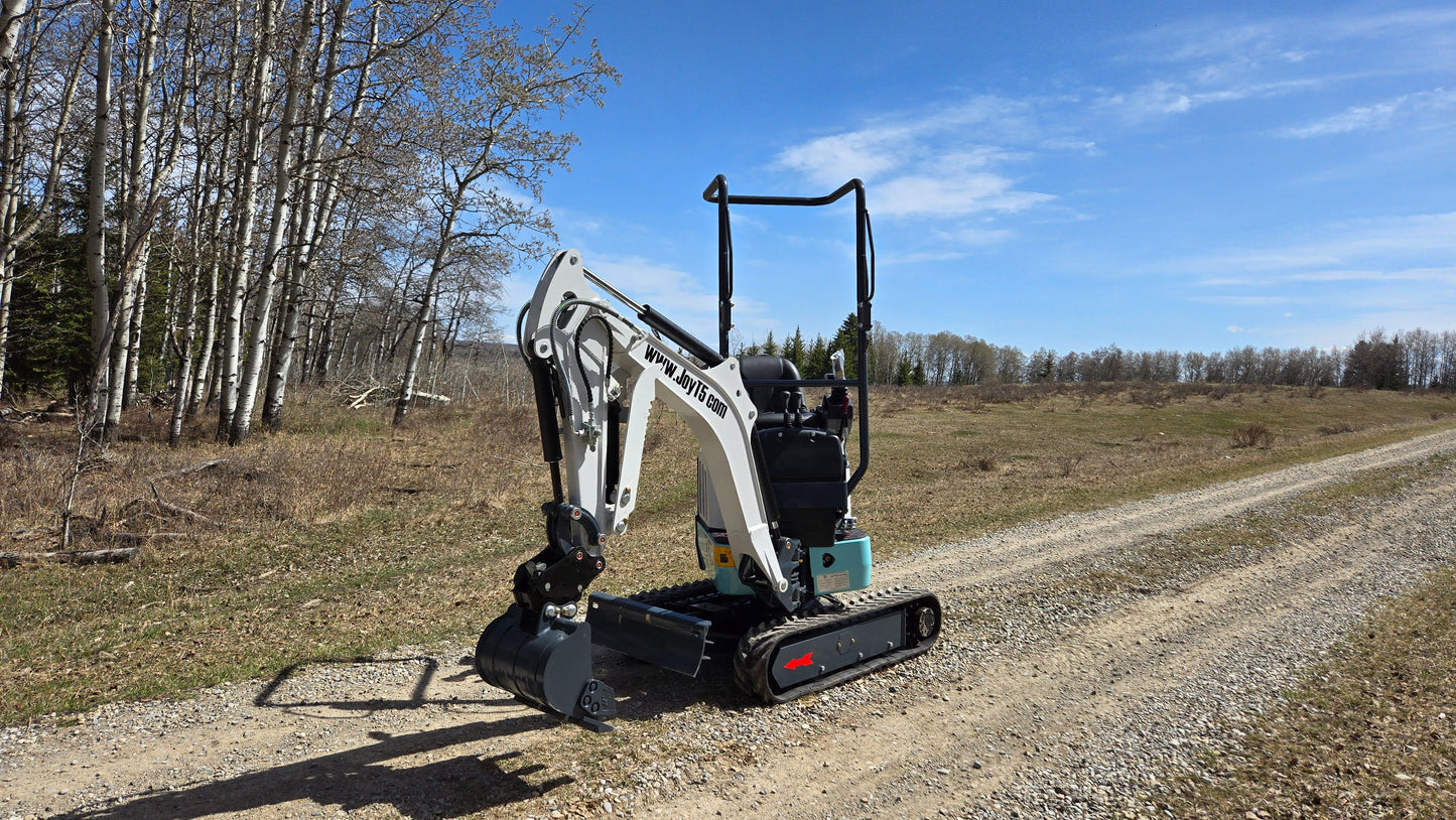 JT5120P 1.2 Ton mini excavator angled front view showing digging bucket extended, rubber tracks, and compact structure for landscaping and construction projects.
