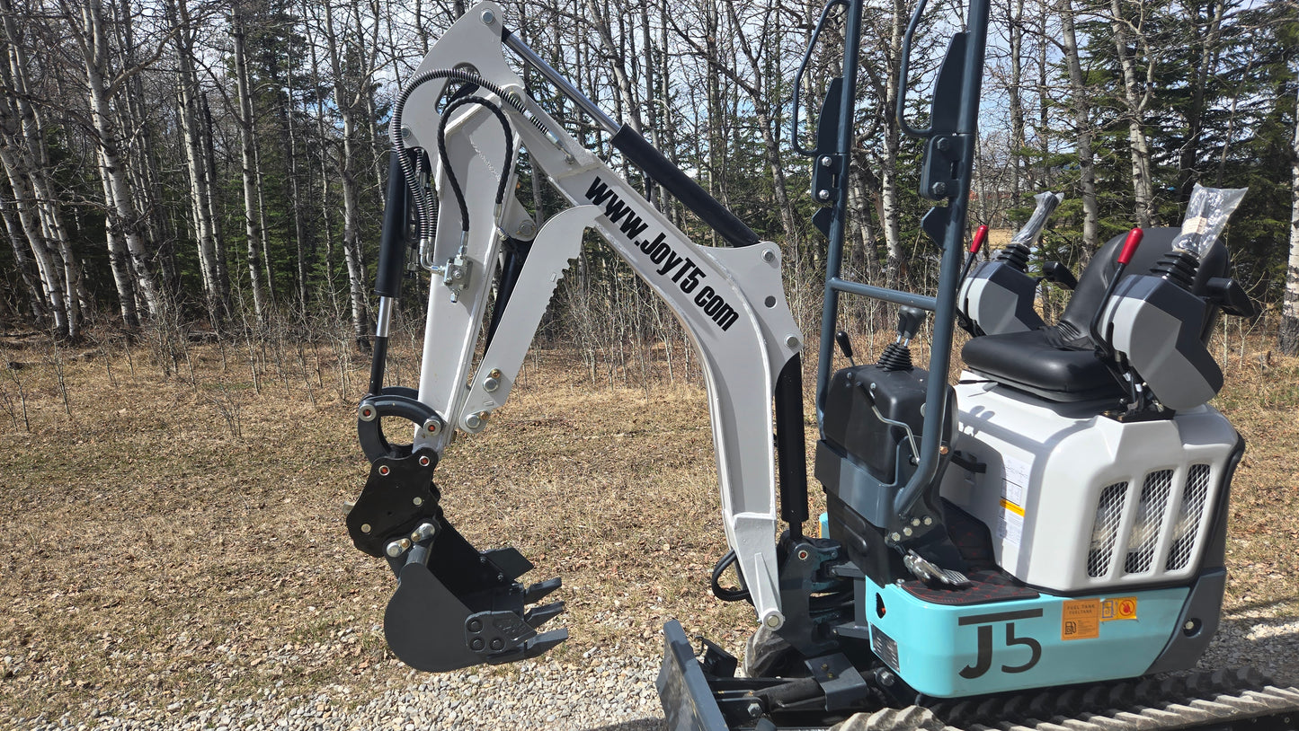 JT5120P 1.2 Ton mini excavator side view showing boom arm, digging bucket and operator seat with dual joystick controls.
