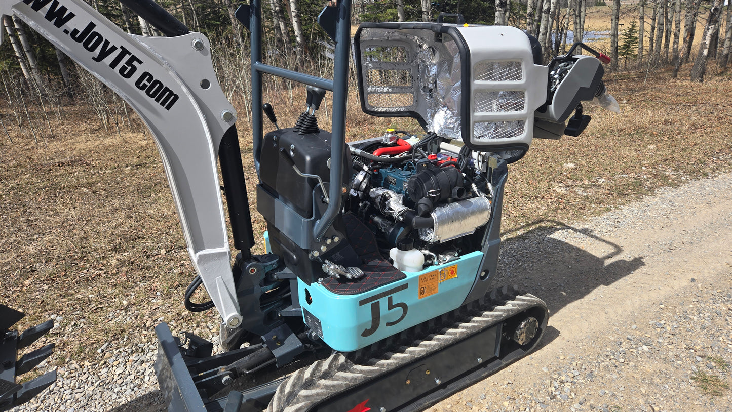 JT5120P 1.2 ton mini excavator engine compartment open showing Kubota engine and compact zero tail design for tight job sites in Canada with JoyT5 support