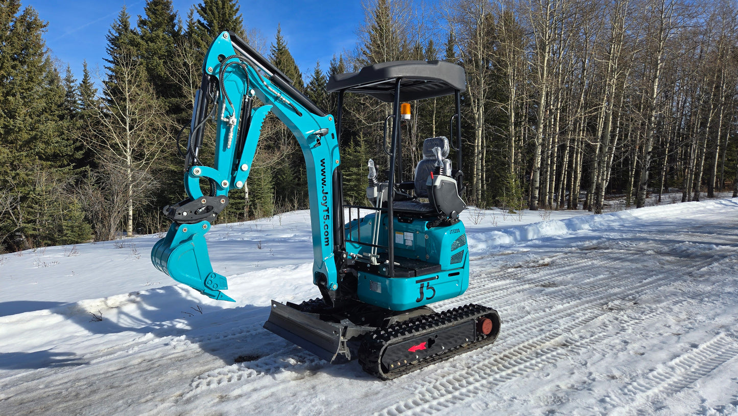 JoyT5 JT5200 2 ton mini excavator with Kubota D902 engine, U-boom design, zero-tail, hydraulic thumb and side swing boom. Compact excavator ideal for landscaping, utility work and construction projects.
