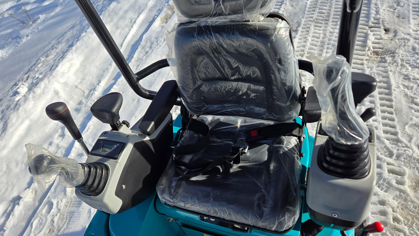 Close-up view of operator seat and control levers on JoyT5 JT5200 2 ton mini excavator. Comfortable operator station with ergonomic joystick controls for precise machine handling.
