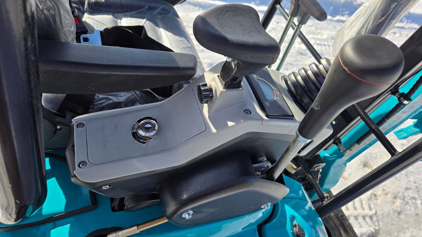 Ignition switch, throttle lever, and joystick control panel of JoyT5 JT5200 mini excavator for operator control and functionality.
