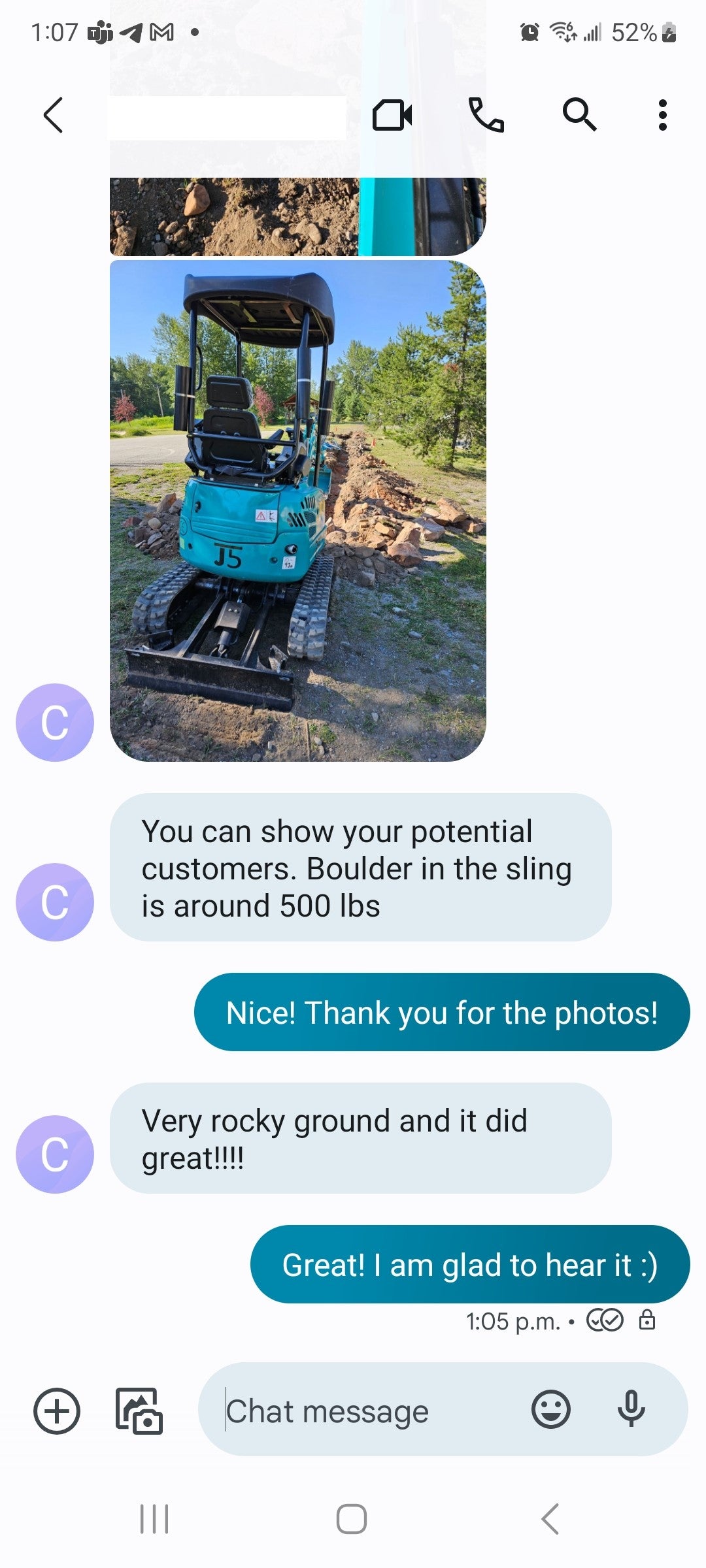 JT5200 Special Edition 2 ton mini excavator customer review showing rock lifting performance on rocky ground in Canada by JoyT5