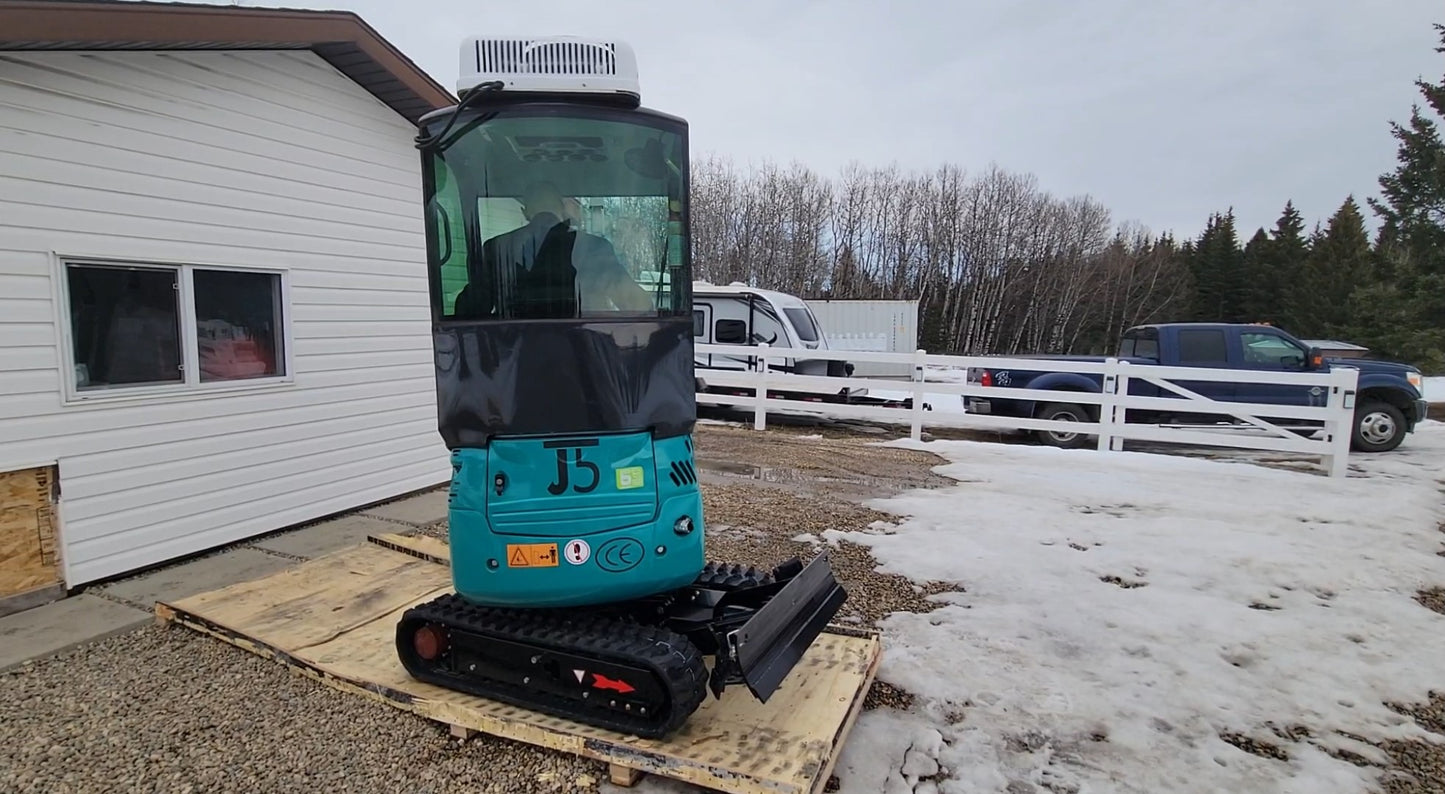 JT5200 Special Edition 2 Ton Mini Excavator for Sale | Rear view of 4,400 lbs Kubota engine compact digger with cab, side swing boom & hydraulic thumb