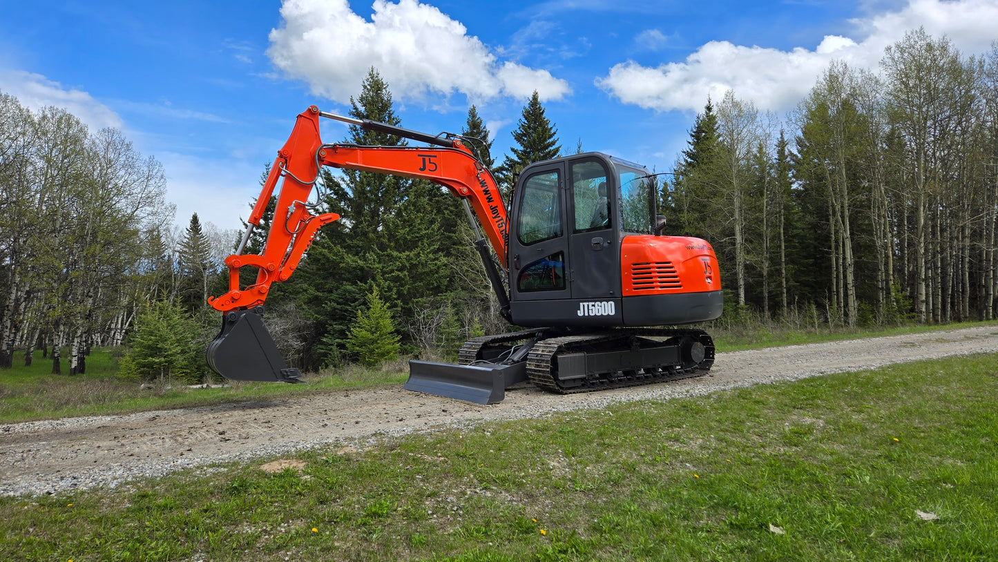 JT5600 6 Ton Mini Excavator for Sale in Canada with JoyT5 showing full cab yanmar diesel compact excavator with hydraulic thumb for construction projects in Canada