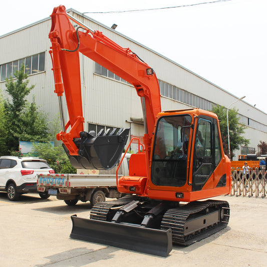 JT5800 8 ton mini excavator with Yanmar diesel engine full cab and hydraulic thumb parked at construction site in Canada with JoyT5 dealer support