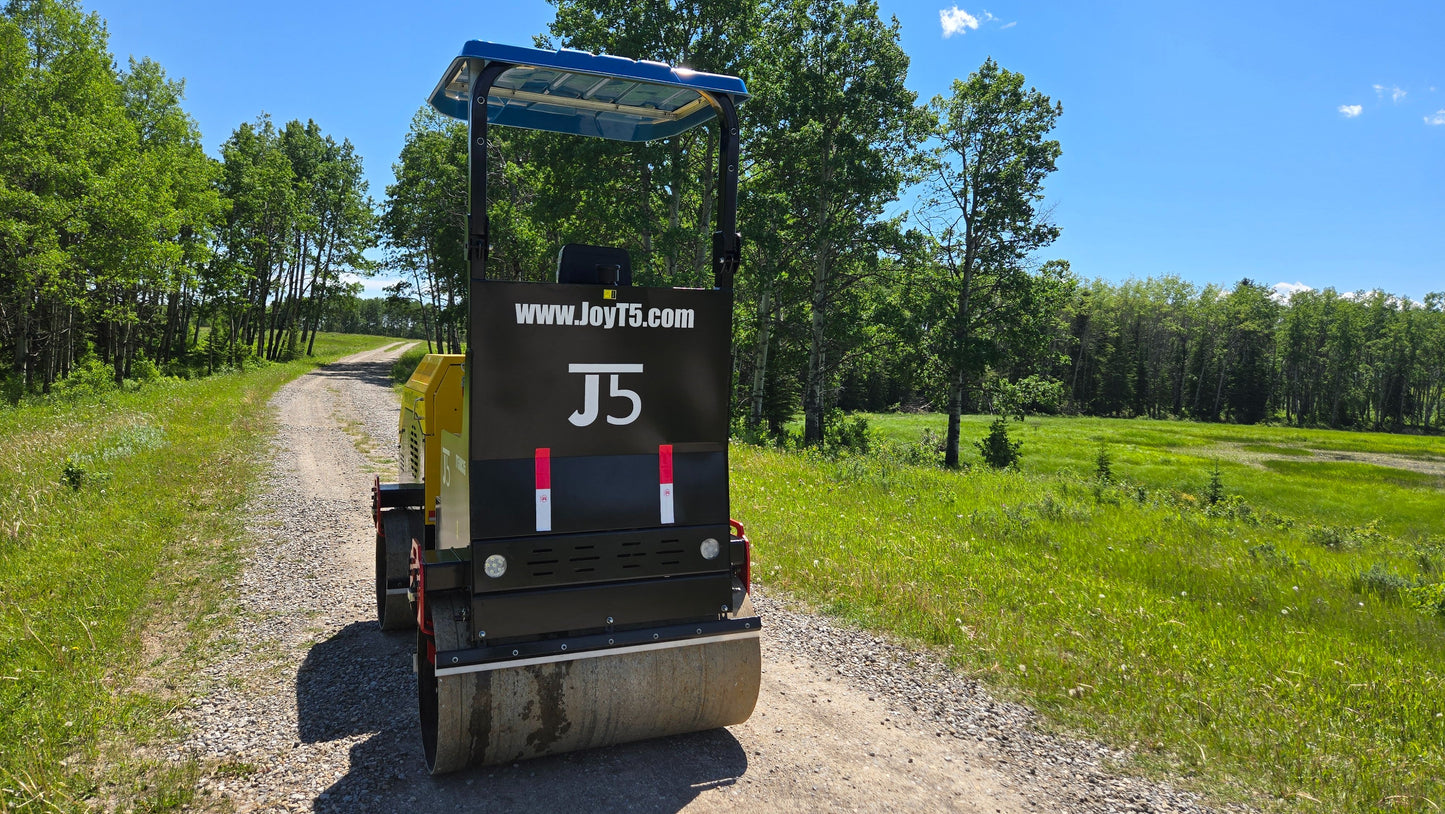 Rear view of JoyT5 JT5DR35 mini drum roller – durable vibrating compaction roller for asphalt and soil, available in Canada and USA