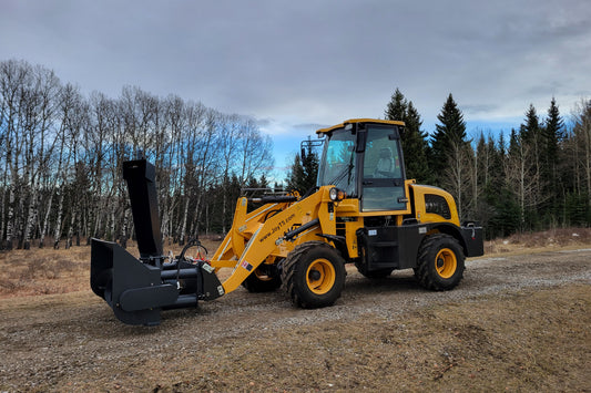 JT5WL1200 compact wheel loader 1.2 ton 2650 lbs for sale in Canada, yellow mini wheel loader with snow blower attachment, durable farm and construction equipment.