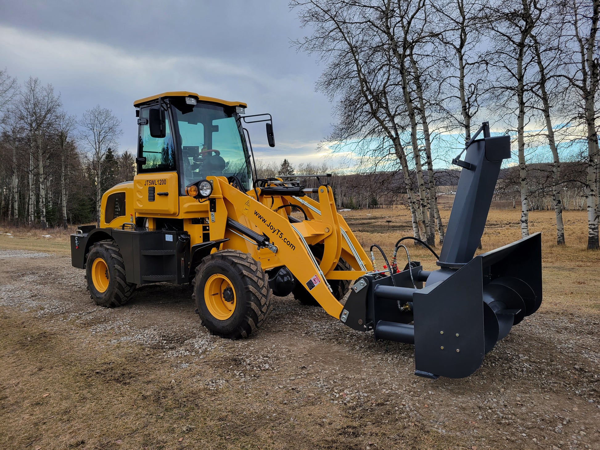 JT5WL1200 compact wheel loader with snow blower attachment, heavy-duty equipment for snow removal in Canada.