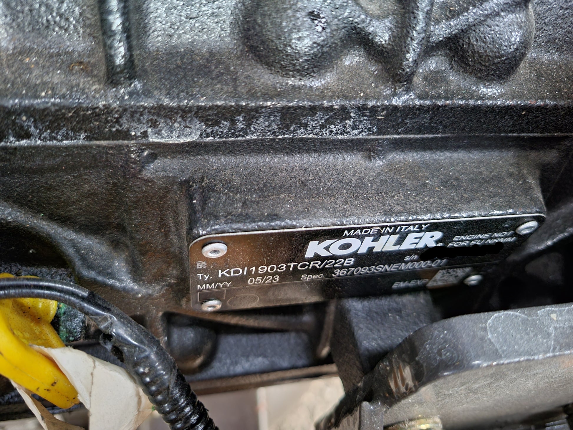 JT5WL1200 mini compact wheel loader 1.2 ton 2650 lbs with Kohler KDI1903TCR diesel engine identification plate - durable loader for sale in Canada