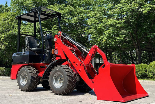 JT5WL600 compact wheel loader 600kg 1320 lbs in red color, small mini loader for construction, landscaping and farming projects in Canada