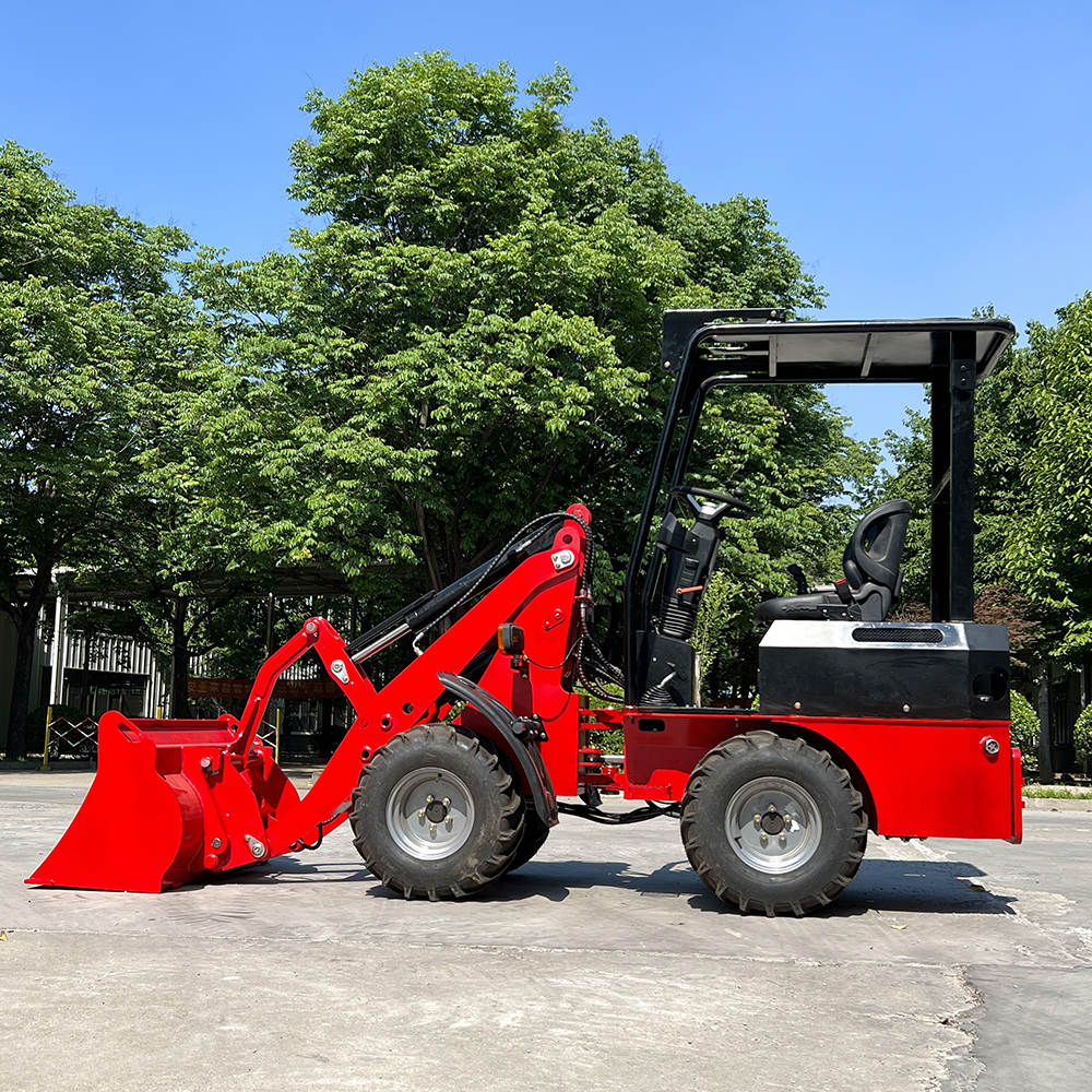 JT5WL600 compact wheel loader 600kg 1320 lbs side profile with bucket down, small wheel loader for farming, landscaping, and construction in Canada