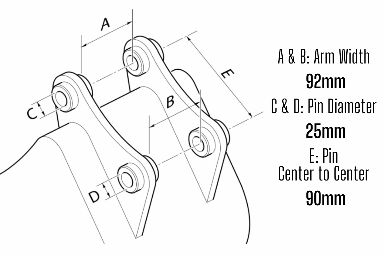 Mini excavator attachment mount pattern diagram showing 92mm arm width 90mm pin center spacing and 25mm pin diameter for Agrotk and FF Industrial attachments in Canada

