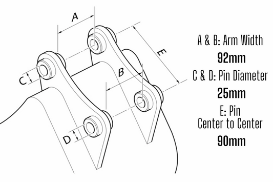 Mini excavator attachment mount pattern diagram showing 92mm arm width 90mm pin center spacing and 25mm pin diameter for Agrotk and FF Industrial attachments in Canada

