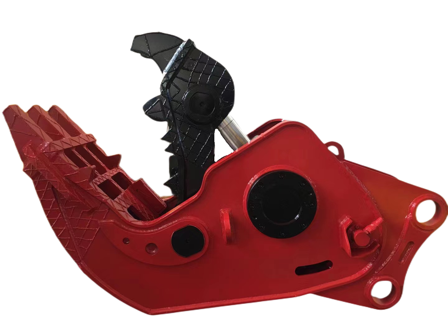 Red hydraulic concrete pulverizer for excavator made in Canada designed for breaking reinforced concrete and stone in demolition and recycling



