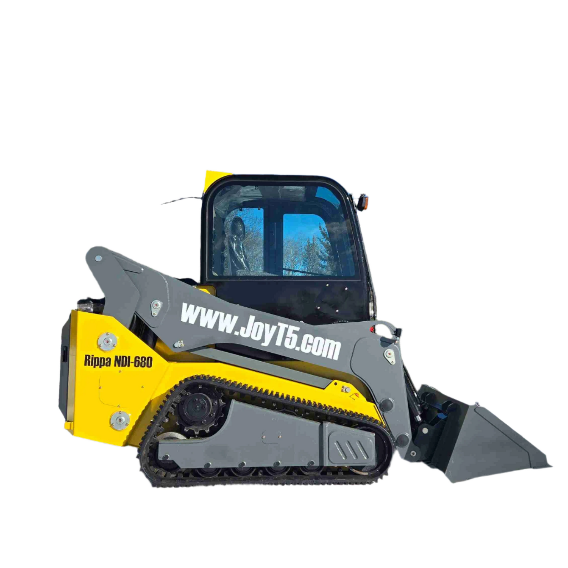 Rippa NDI-680 skid steer loader with tracks and bucket shown on white background