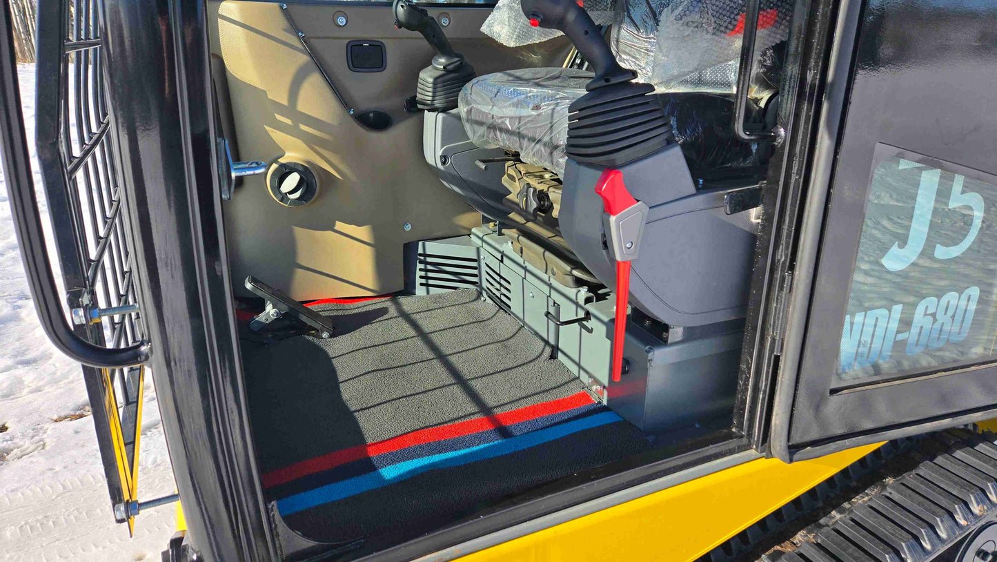 Interior view of Rippa NDI680 skid steer operator cabin showing ergonomic joystick controls adjustable seat and anti slip floor designed for construction landscaping and farming jobs across Canada by JoyT5