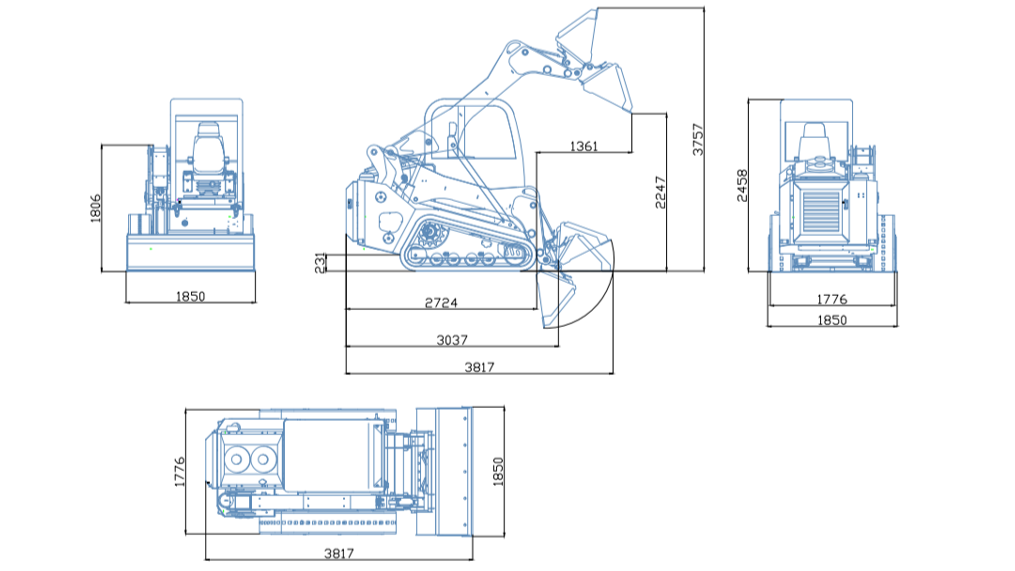 technical blueprint drawing of rippa NDI680 skid steer 74 HP compact tracked loader showing full dimensions and design layout in Canada

