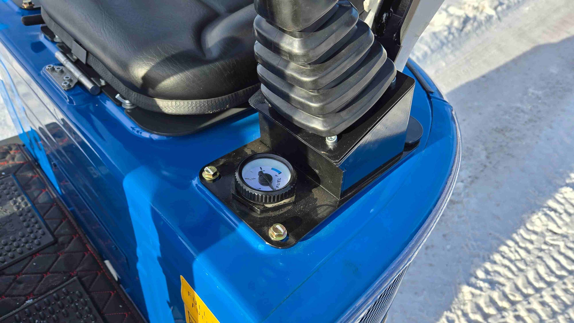 Rippa R10 one ton mini excavator fuel gauge close up in Canada from JoyT5 showing compact construction machine detail for landscaping and residential digging projects