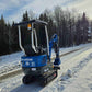 Rippa R10 mini excavator on snowy road in Canada, compact construction machine by JoyT5 designed for small digging and landscaping projects.