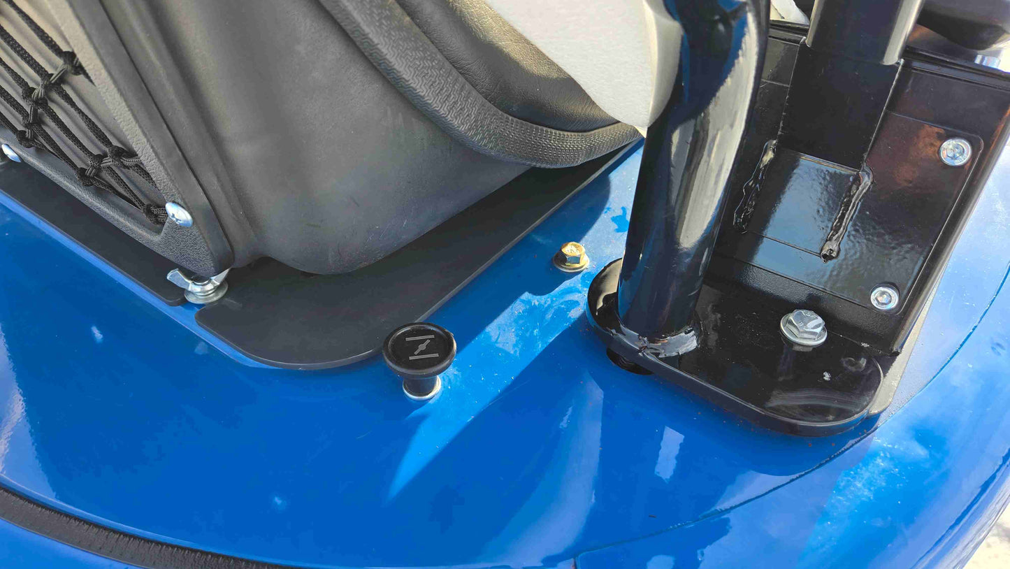 Close up of Rippa R10 mini excavator seat mounting base and welded frame design in Canada by JoyT5, showing durable compact construction quality.

