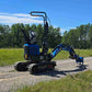 Angled rear side view of Rippa R13 1.3 ton mini excavator with digging arm positioned for work on gravel road | Compact mini excavator for construction and landscaping projects in Canada with JoyT5 support