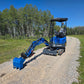 Rippa R15 Mini Excavator For Sale – side angle view with digging arm and bucket extended on gravel road.

