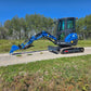 Rippa R22 Mini Excavator for sale side view with extended digging arm on gravel path.
