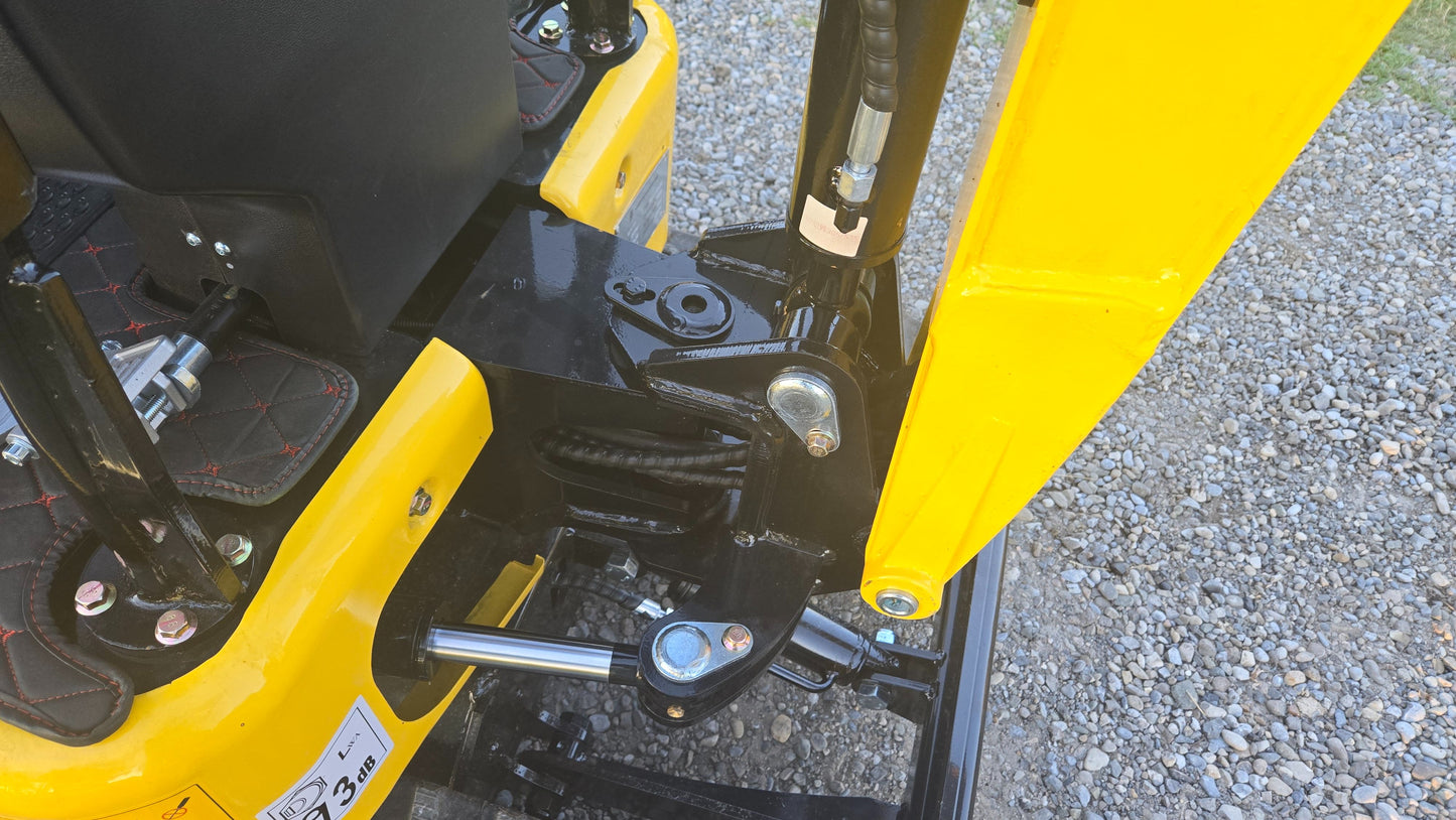 Close-up of YardHoe YH12 / Rippa R319 1 ton mini excavator for sale with side swing boom and hydraulic system, affordable compact digger Canada USA.
